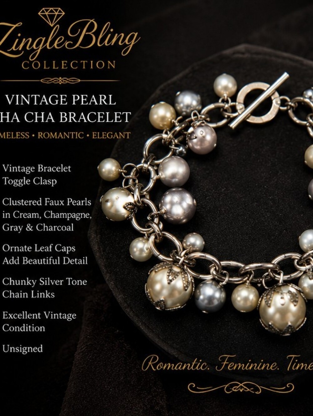 Vintage Faux Pearl Cha Cha Bracelet Silver Tone Toggle Cluster Statement
